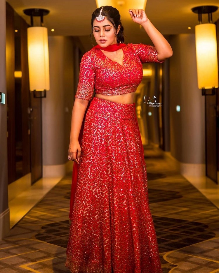Poorna Hot Photos In Red Dress
