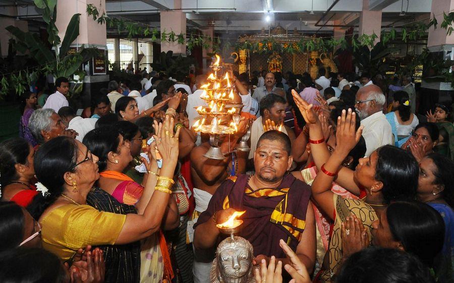 Durga temple decked up for Dasara Photos