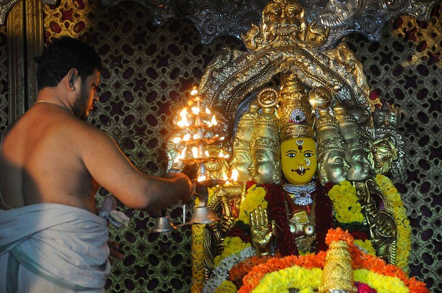 Durga temple decked up for Dasara Photos