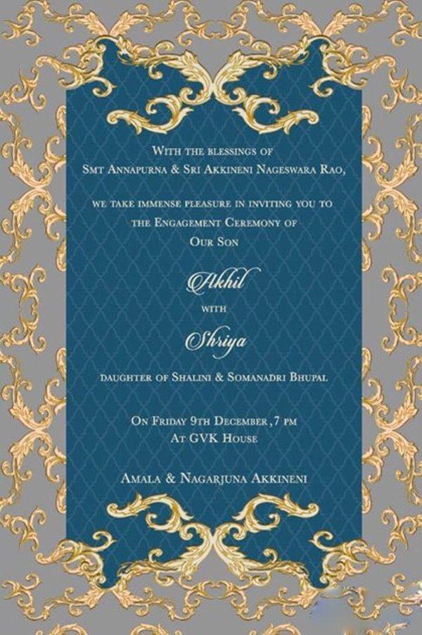 Akhil Akkineni & Shriya Bhupal Engagement Invitation Cards