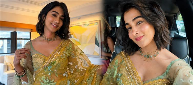 Desi Diva in New York! Pooja Hegde Radiates Elegance in Gorgeous Golden Saree