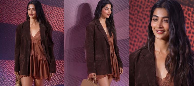 Pooja Hegde Just Set the Event on Fire in This Brown Lace Mini Dress – Legs, Lips, and Killer Confidence