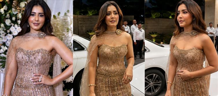 Raashii Khanna Glitters in a Dazzling Golden Ensemble at Anshula Kapoor-Rohan Thakkar's Wedding Reception