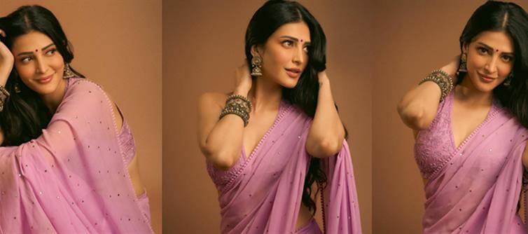Shruti Haasan Drops Jaw-Dropping Lavender Saree Photoshoot – Royal Glam Overload!