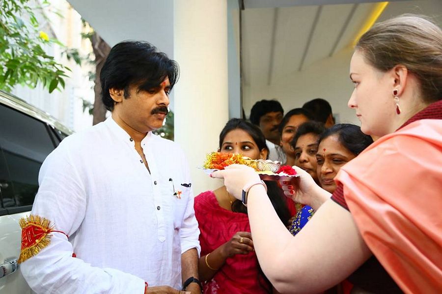 Pawan Kalyan with his wife at Janasena Party Office photos