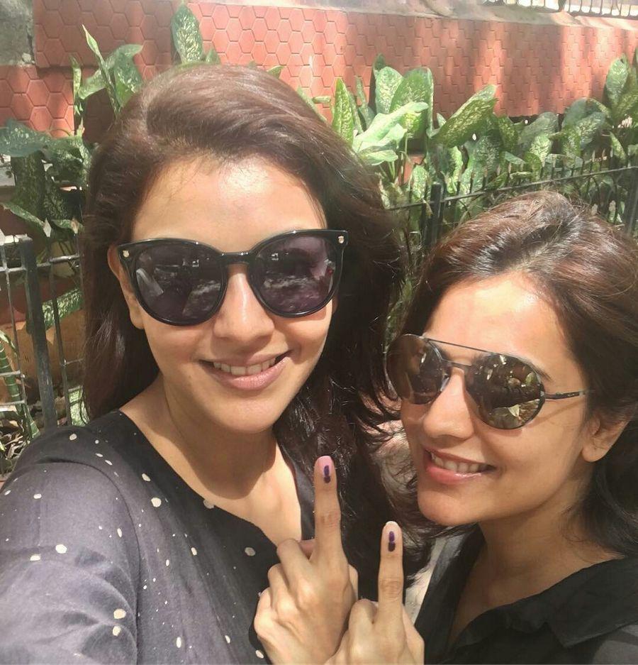 Actress Kajal Aggarwal along with her sister Nisha just casted her vote