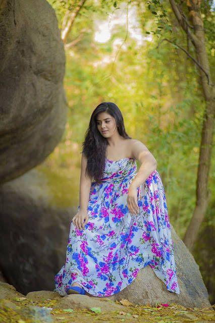 Anchor Sreemukhi Photoshoot Stills In Blue Floral Print Dress