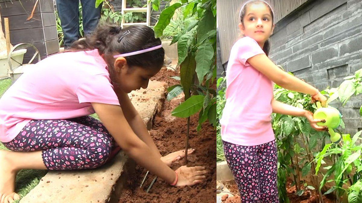 Cutie pie Sitara accepts her dad Mahesh's Haritha Haram Challenge Photos