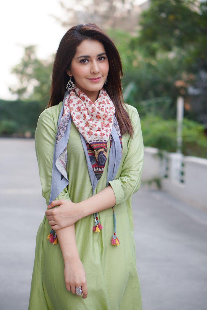 Raashi Khanna Stills In Light Olive Green Dress