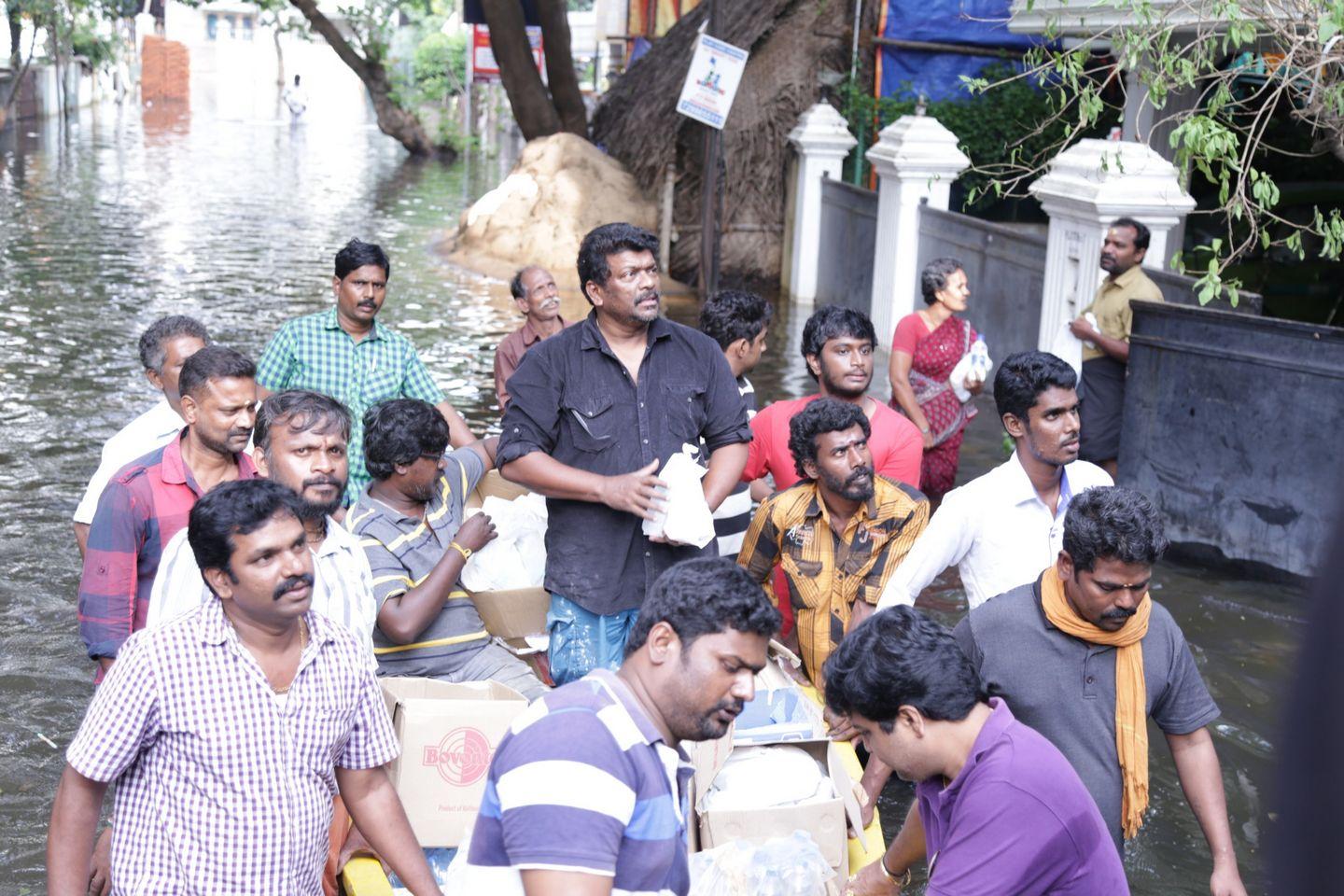 Actor Parthiban doing Flood Relief Activities