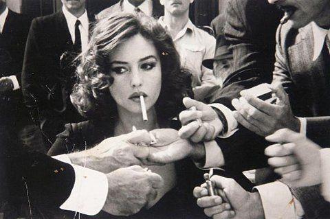 Vintage Cigarette Beauty Woman With Make Up In Crowd Of Men