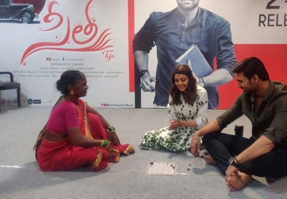 Bellamkonda Sreenivas And Kajal Aggarwal Promotional Stills With Gangavva Of My Village Show Fame