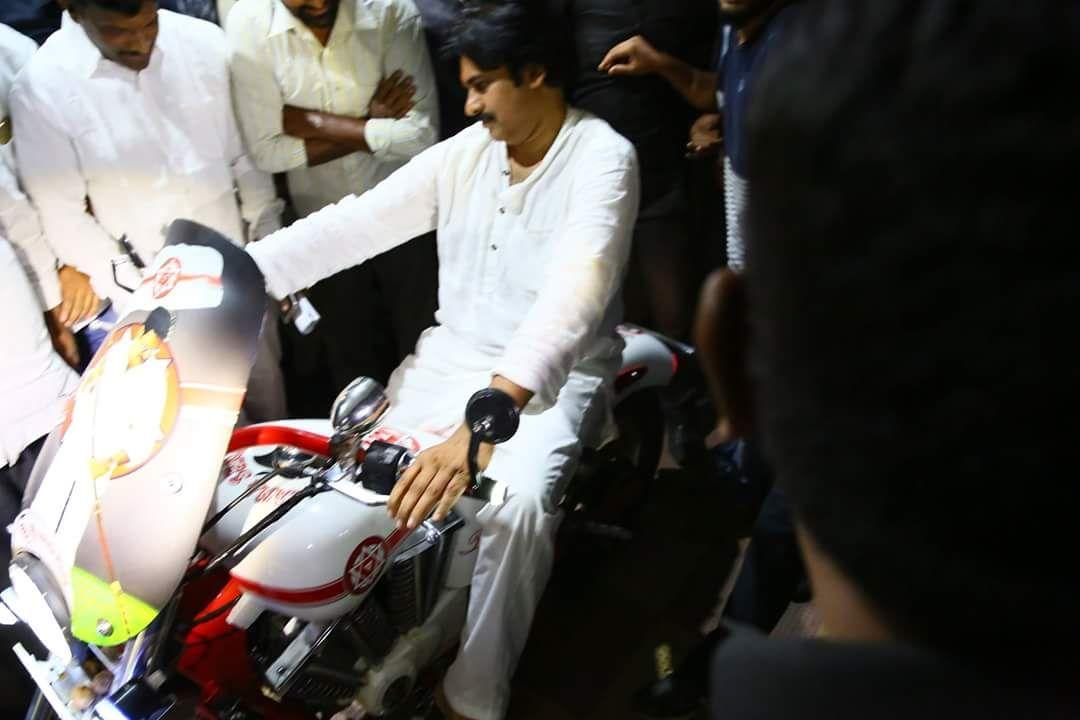 Photos: Pawan Kalyan test rides a crazy Jana Sena bike