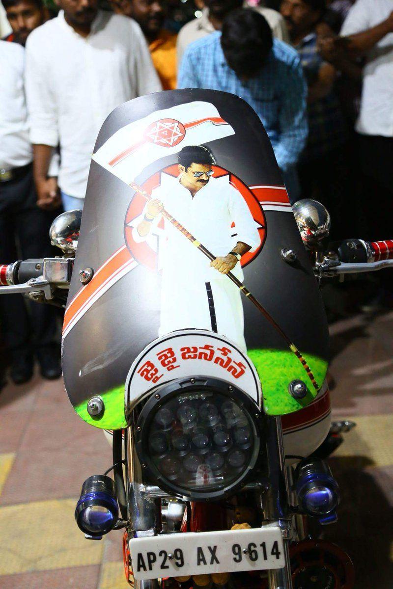 Photos: Pawan Kalyan test rides a crazy Jana Sena bike
