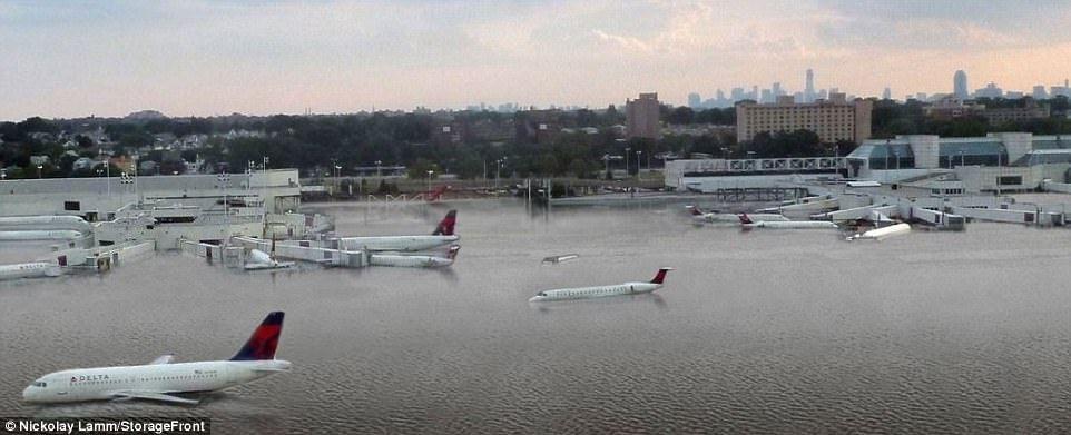 Planes floating on flooded tarmac at Houston airport
