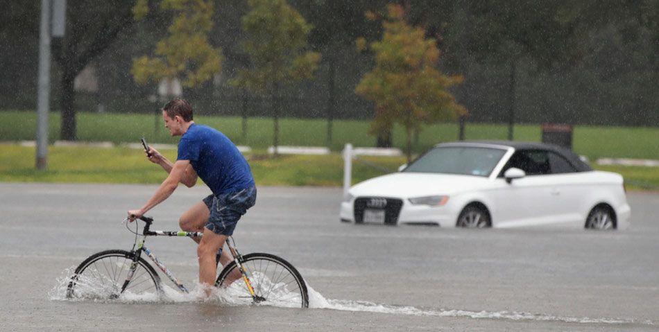 Planes floating on flooded tarmac at Houston airport
