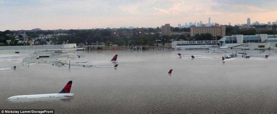 Planes floating on flooded tarmac at Houston airport