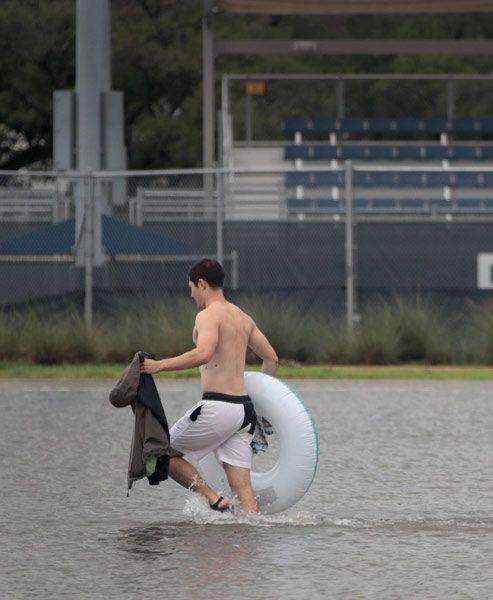 Planes floating on flooded tarmac at Houston airport