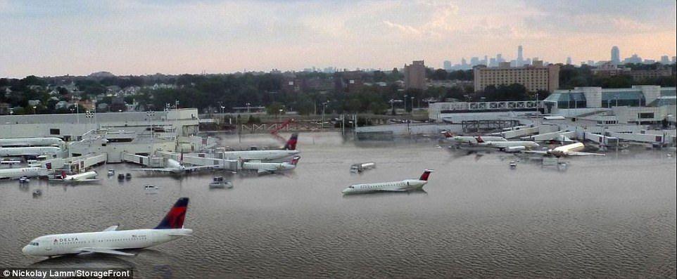 Planes floating on flooded tarmac at Houston airport