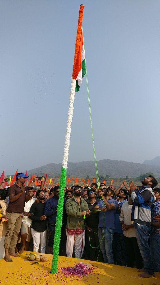Ram Charan hoisting the flag in Rangasthalam Sets