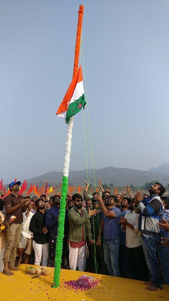 Ram Charan hoisting the flag in Rangasthalam Sets