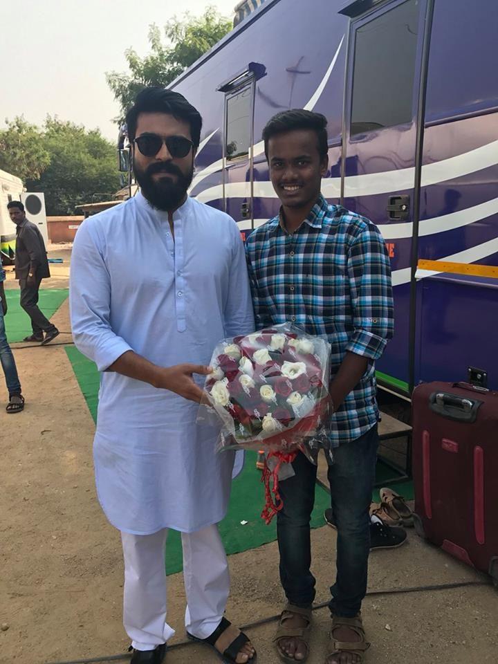 Ramcharan with fans at Rangasthalam Sets Today Photos