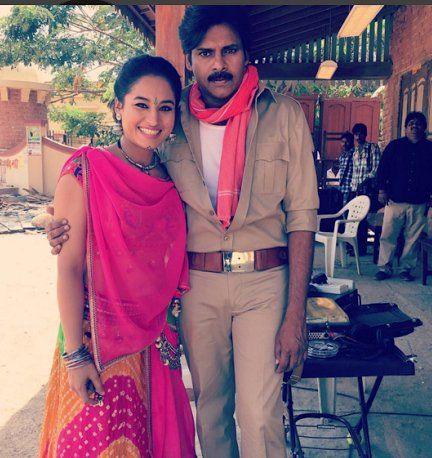 Actress Pooja With Pawan Kalyan at Sardaar Gabbar Singh Set