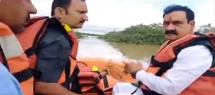 An IAF helicopter evacuated MP Home Minister Narottam Mishra on August 4 when his boat taking him to flood-hit Kotra hamlet in Datia district broke down while attempting to evacuate local inhabitants, according to an official.
