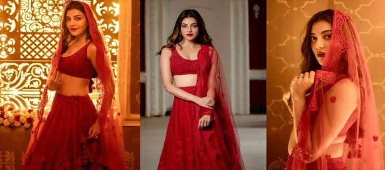 Kajal Aggarwal Hot Hip Folds and Waist Curves in Red Leheng