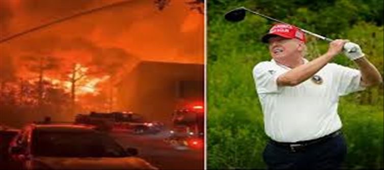 Fire raging in the forest, Trump seen playing golf on the beach!