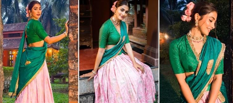 Pooja Hegde radiates grace in a stunning peacock green and pink half-silk saree