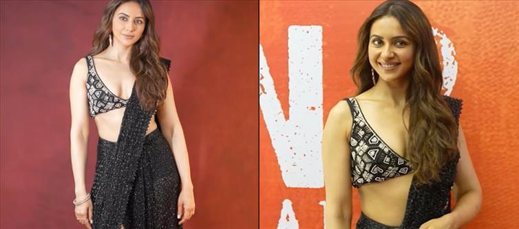 Rakul Preet Oozes Hotness In A Glittery Black Saree For Indian 2 Event