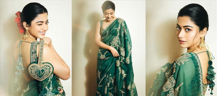 Rashmika Mandanna turns up the glam in stunning green saree, red roses