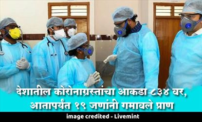 देशातील कोरोनाग्रस्तांचा आकडा 834 वर, आतापर्यंत 19 जणांनी गमावले प्राण